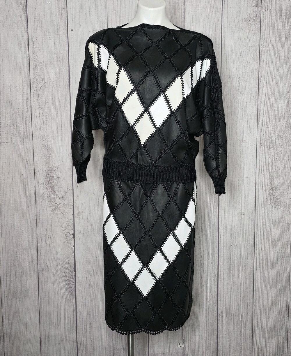 Vintage Leather Argyle Patchwork Batwing Top & Midi Skirt Set, sz S/M